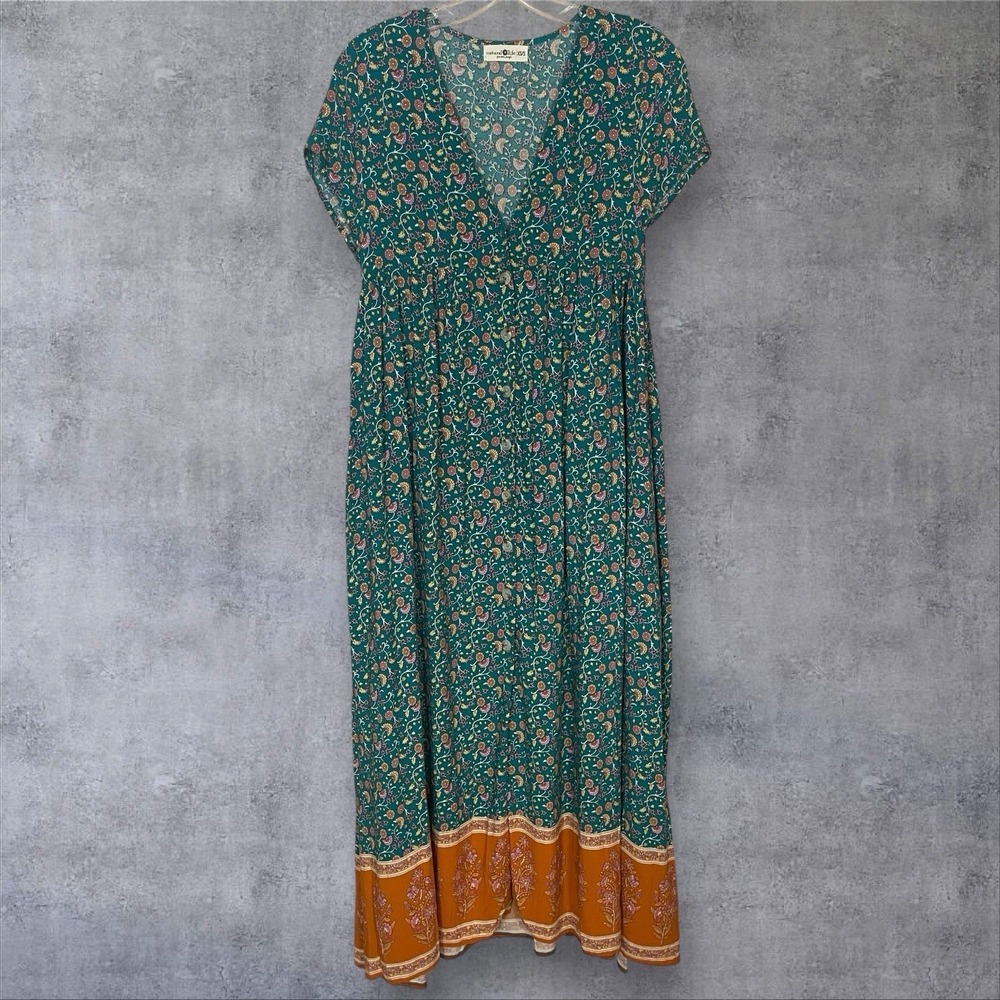 Natural Life Avery Floral Midi  Dress Womens XS/S  Turquoise/Orange Boho Peasant - Picture 2 of 8